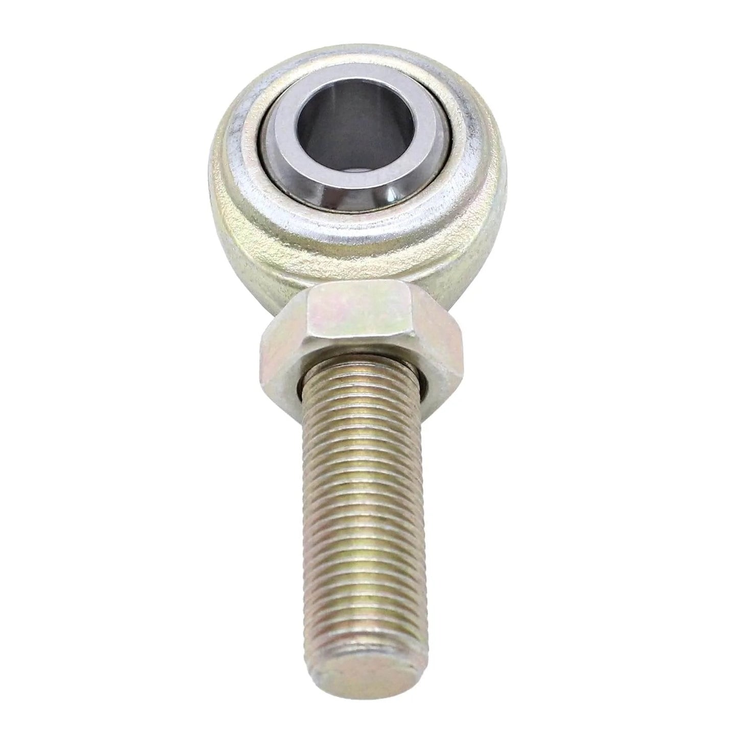 Close-up of a 2 pcs CML8 rod end heim joint, 1/2 inch bore with 1/2-20 left hand male thread, carbon steel construction for machinery