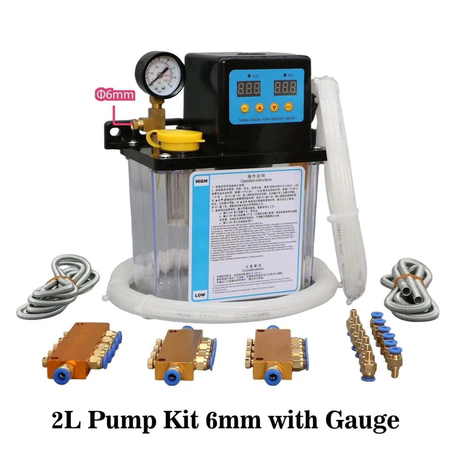 Automatic CNC Lubrication Pump System Kit For CNC Machines And Lathes, Dual Voltage AC110V And AC220V, 2L capacity, 6mm fittings