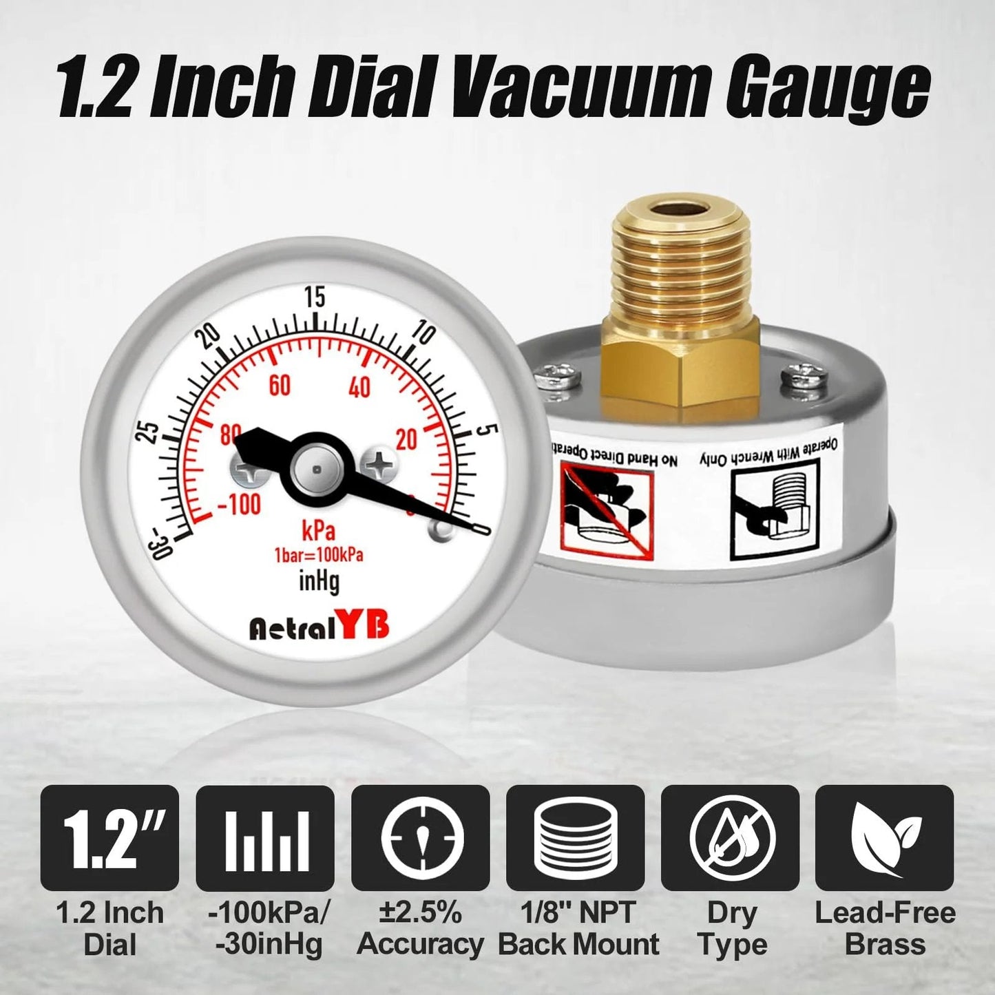 Compact Vacuum Pressure Gauge With A One Point Two Inch Dial For Easy Reading And Monitoring AetralYB showing dial and brass NPT back mount.