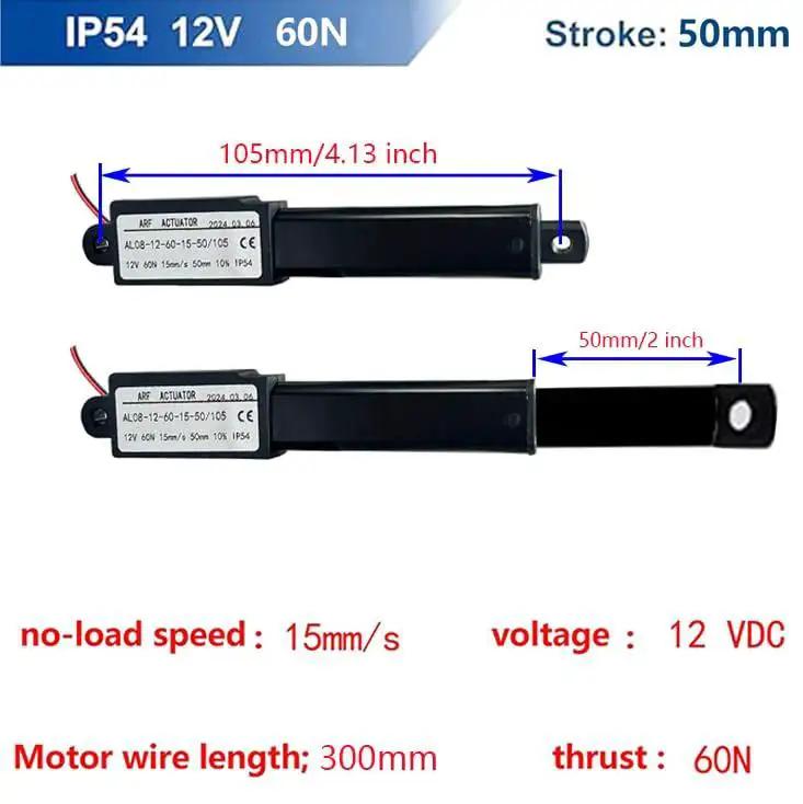 Compact 12 Volt Mini 2 Inch Stroke Linear Actuator With 60 Newton Load, 15 Millimeters Per Second Speed specifications diagram