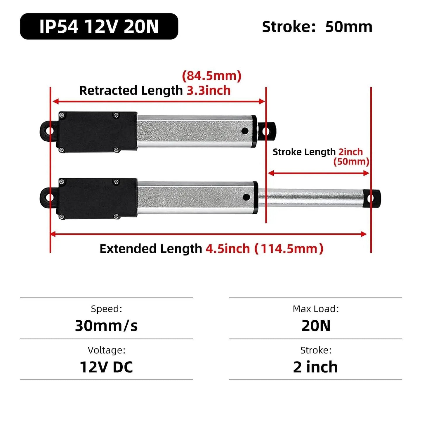 Diagram showing Compact 50mm 20N Mini Electric Linear Actuator dimensions with 2-inch stroke and 12V motor for cabinets and automation.