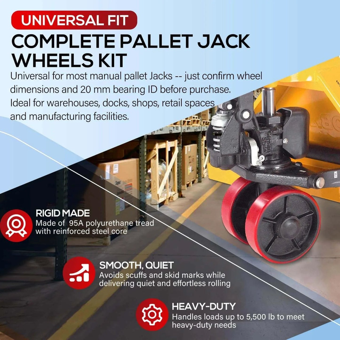 Pallet Jack Wheels Set for most manual pallet jacks, complete replacement kit with axles shown in warehouse setting.