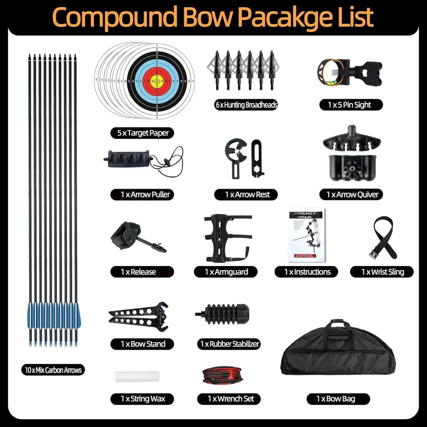 Compound bow package with arrows, target papers, hunting broadheads, quiver, and accessories for Adjustable 30 to 70 Pound Compound Bow And Arrow Set For Adults And Teens