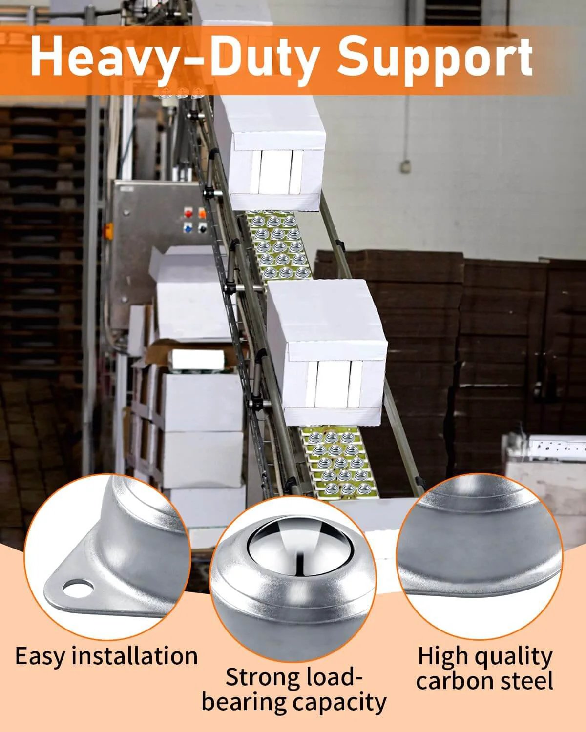 Heavy-duty support system with conveyor rollers, 1" heavy-duty support roller bearings, for smooth 360-degree rotation.