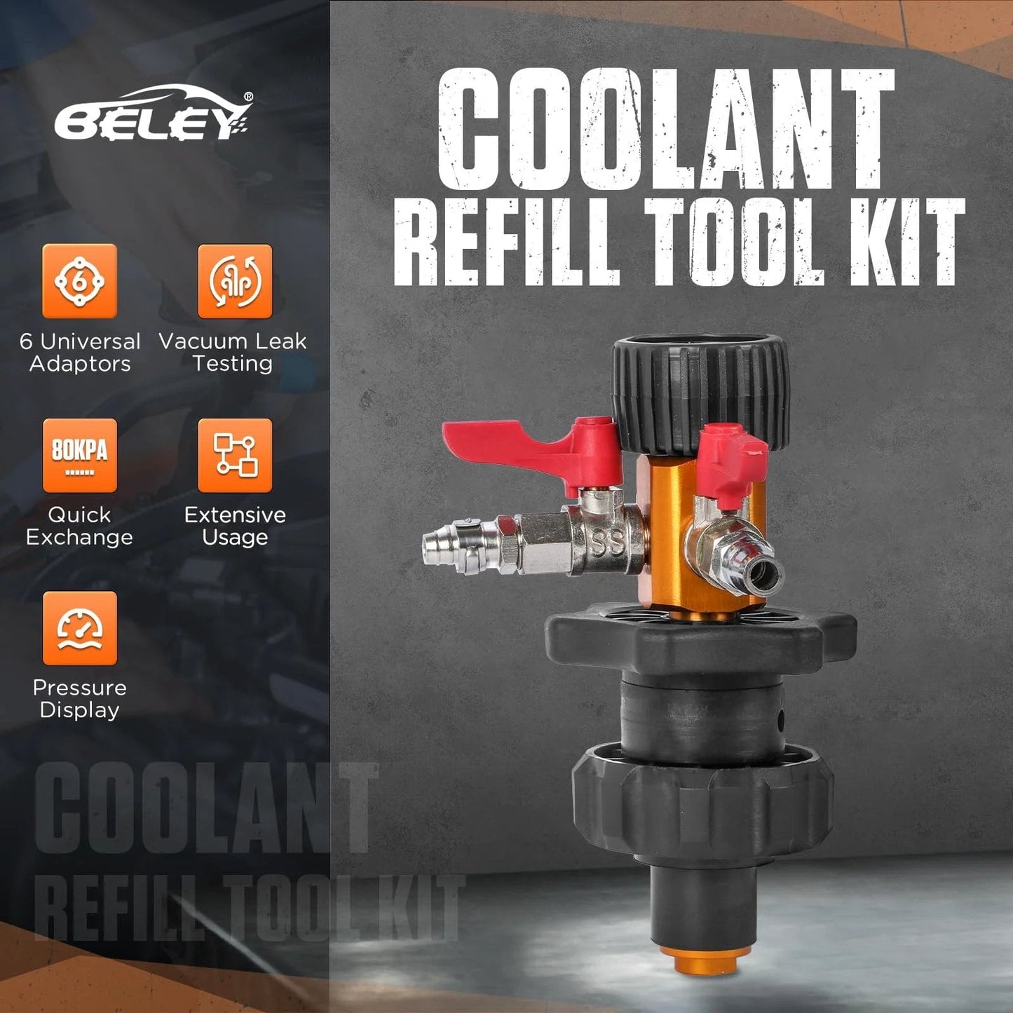 All-in-One Coolant Vacuum Refill Kit With Five Adapters And Pressure Gauge, showing a refill tool with adapters and pressure display.