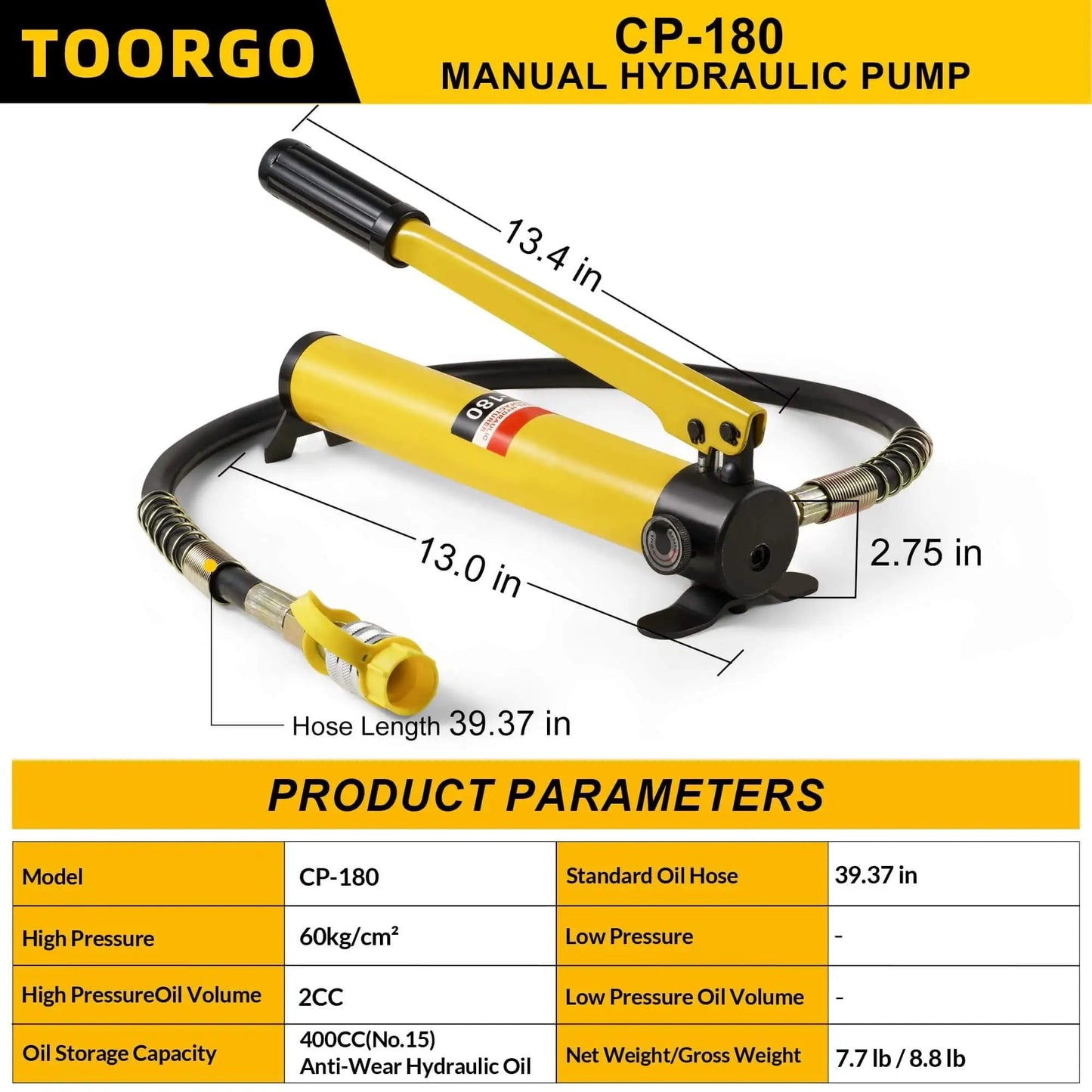 Heavy Duty Hydraulic Hand Pump CP 180 Manual Lift Pump with hose and measurements shown