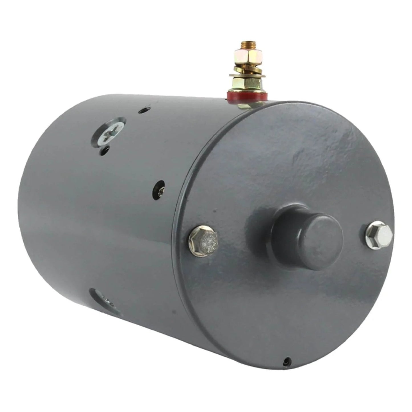 Side view of CRANK N CHARGE Pump Motor Compatible With Monarch 8111 8111D 8112 Western Plow M3100, gray metallic housing, 12V.