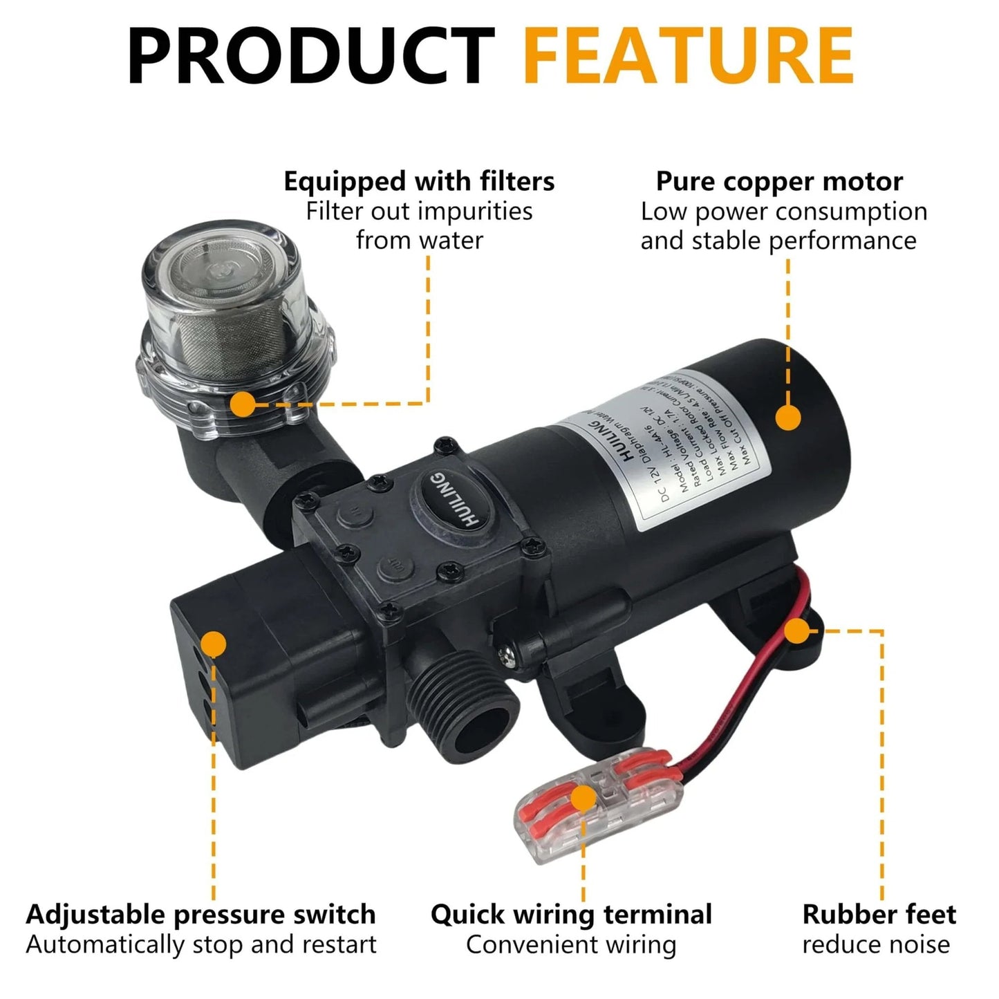 HUILING DC 12V Diaphragm Pump with filter, quick connection terminal, adjustable pressure switch, copper motor, suitable for RV camping.