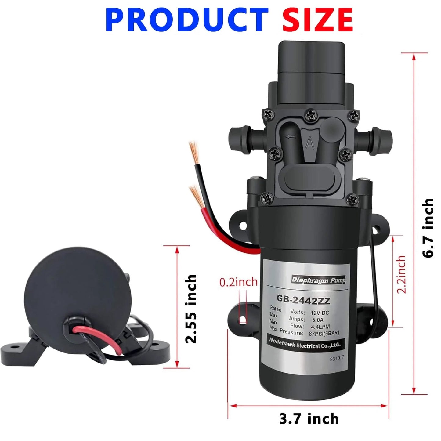 DC 12V Diaphragm Pump with Self-Priming Sprayer, 1.2 GPM 87 PSI Adjustable Pressure, product size diagram, for RV Camping Shower