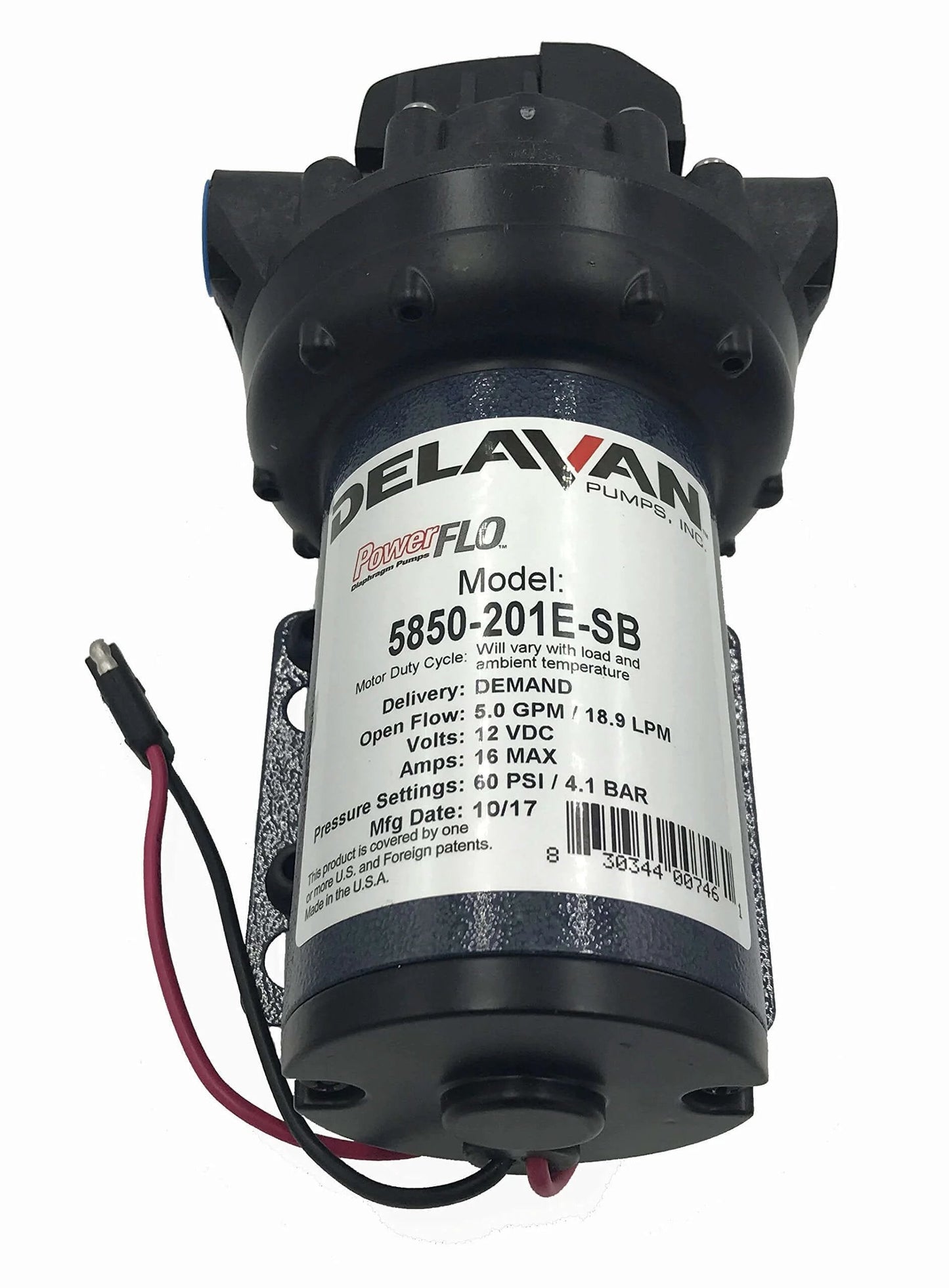 Front view of Delavan 5850-201E-SB Diaphragm Pump 12V, 60PSI, 5.0GPM, compact demand pump with specifications label visible