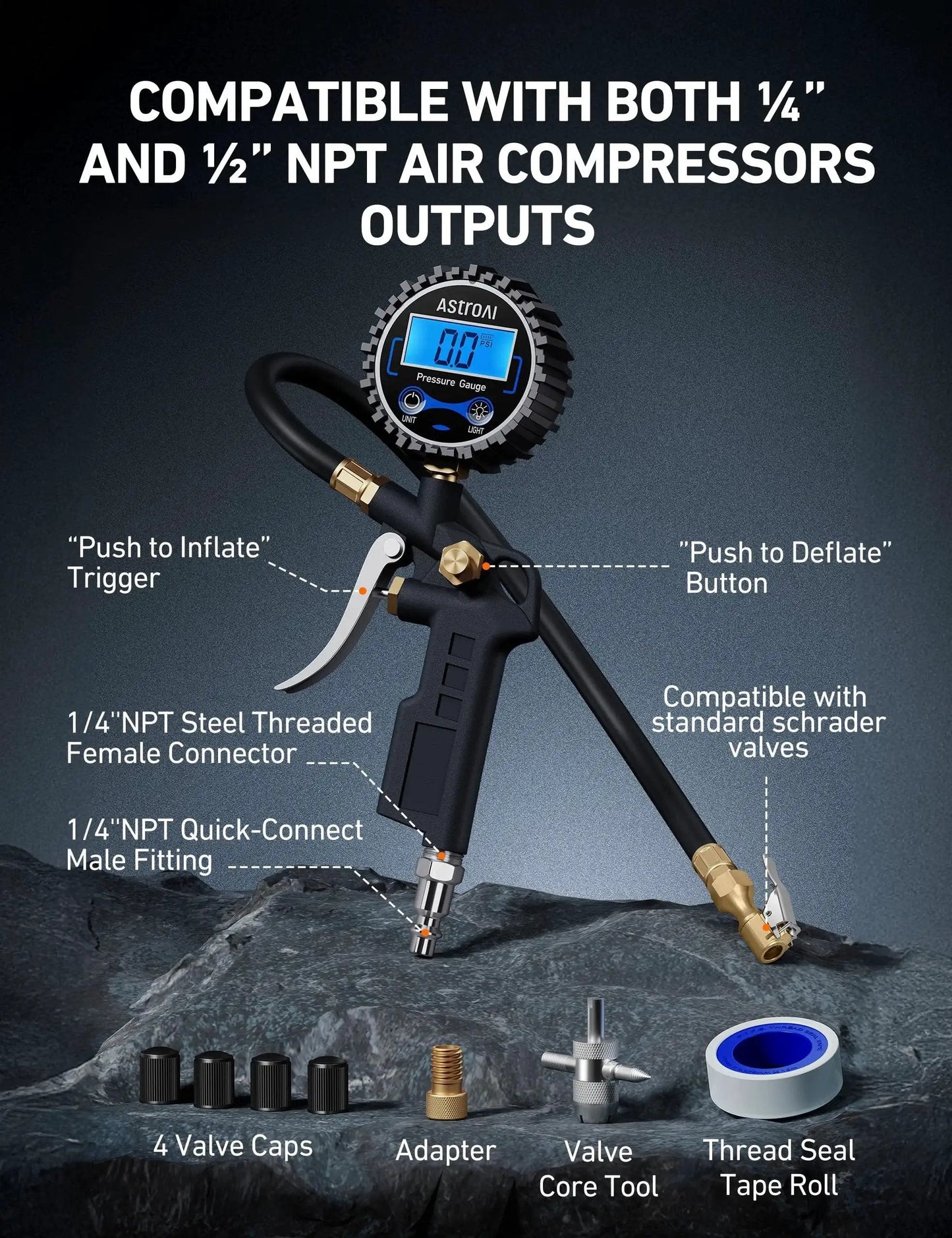 Digital Tire Pressure Gauge With Inflator 3 to 250 PSI Air Chuck And Quick Connect Coupler, display, and accessories kit