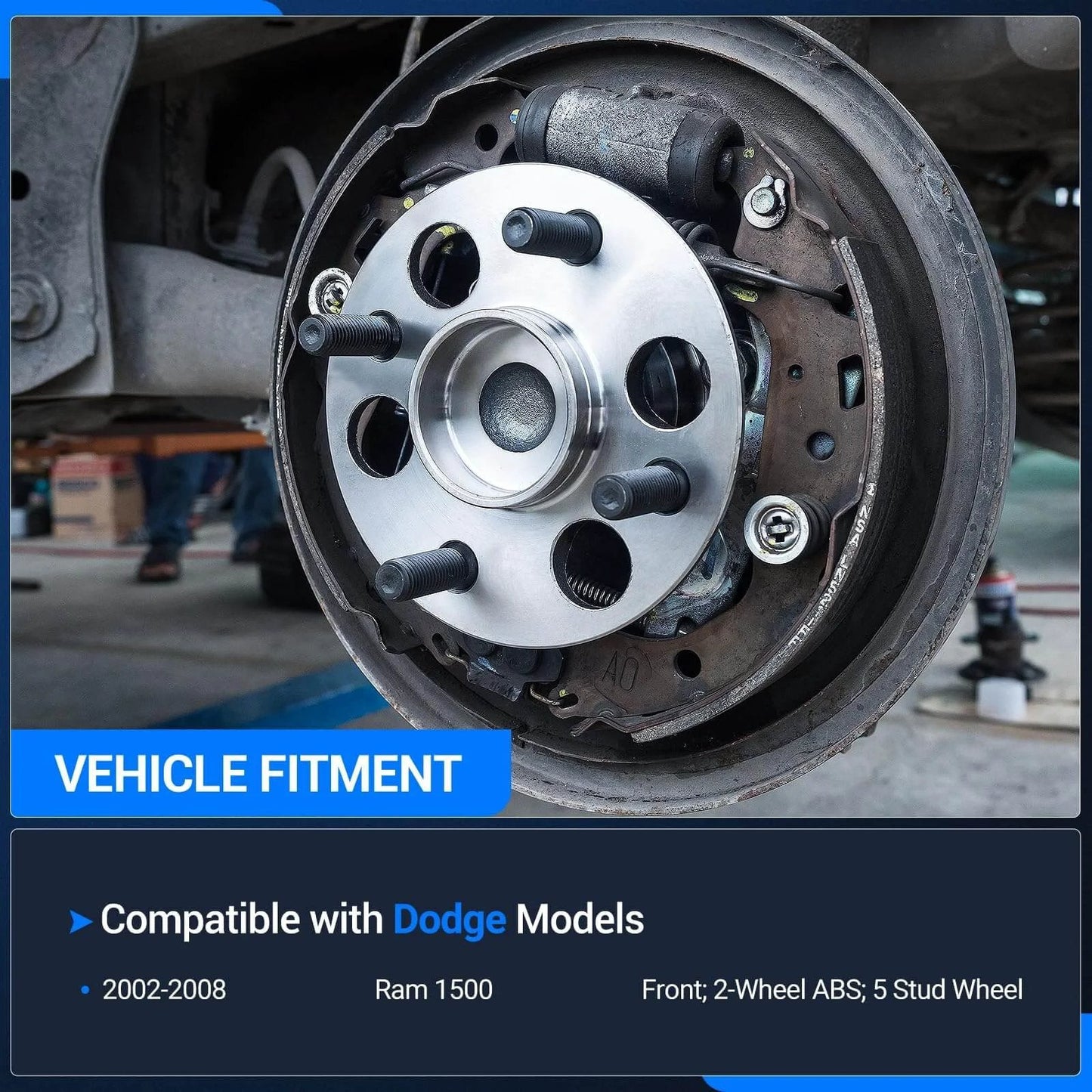 515072 Front Wheel Hub and Bearing Assembly installed on Dodge Ram 1500, showing non ABS 5 lug OE replacement for 2002 to 2008 models.