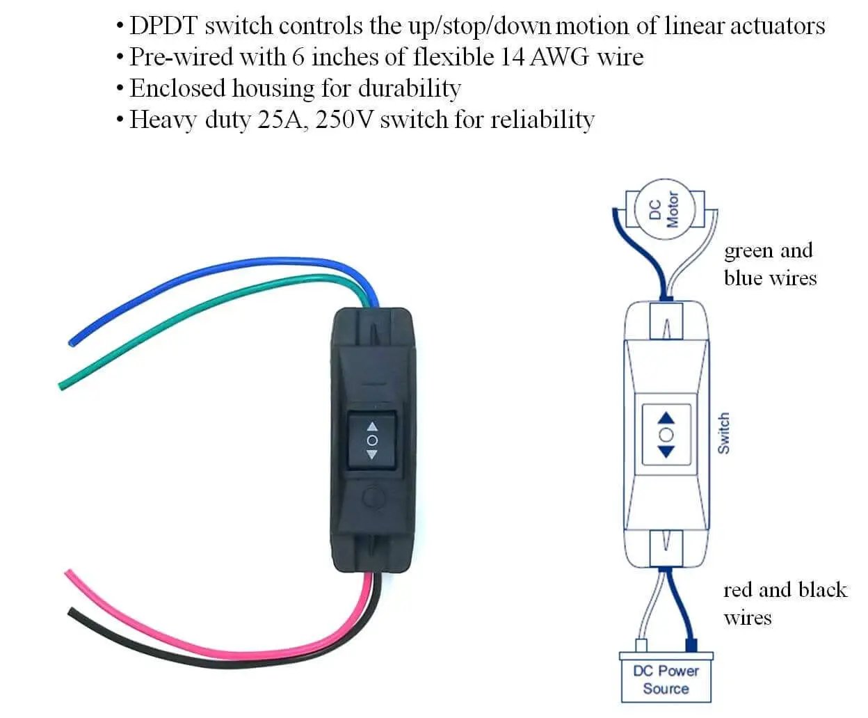 Momentary DPDT switch for 6 Inch Stroke 12V Linear Actuator with wiring illustration for DIY Projects and Plug and Play Ready