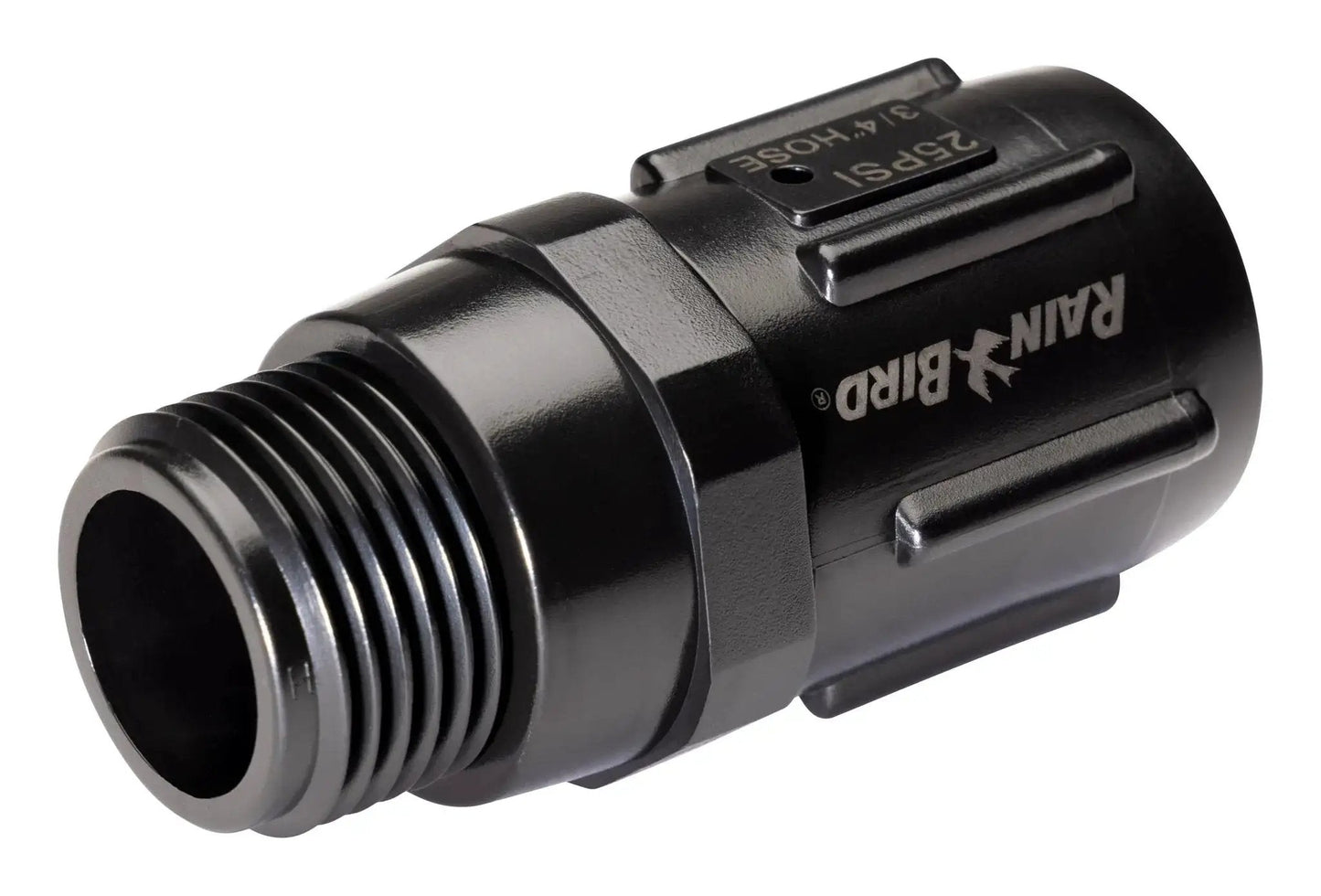 Drip Irrigation Pressure Regulator 25 PSI For Garden Hoses And Drip Lines Three Quarter Inch Female Hose Thread To Three Quarter Inch Male Hose Thread 20 GPM Flow Rugged UV Protected Body Easy Connect To Faucets And Components Rain Bird HT07525PSI