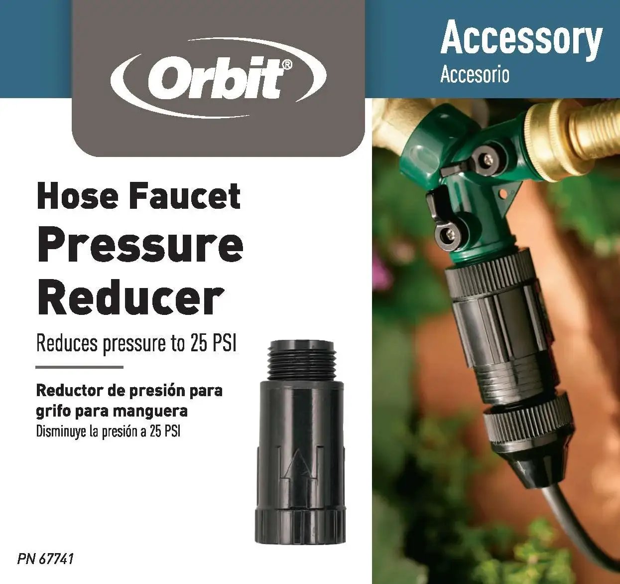 Drip Irrigation Faucet Pressure Regulator 25 PSI For Hose Systems shown in packaging, accessory fitting for home garden watering setup.