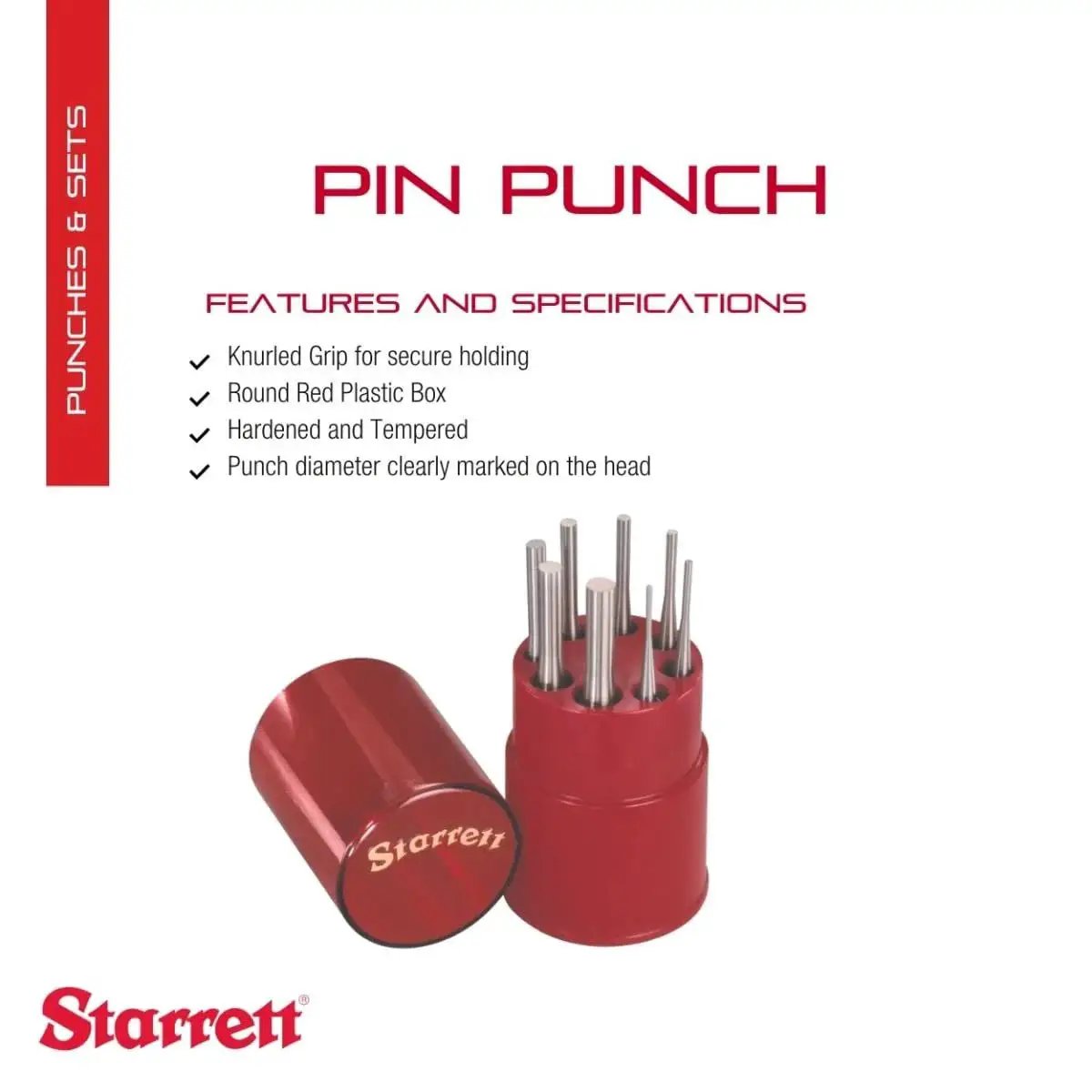 Eight Piece Drive Pin Punch Set with knurled grips in a round red storage box; 4 inch length, diameters from 1/16 to 5/16 inch
