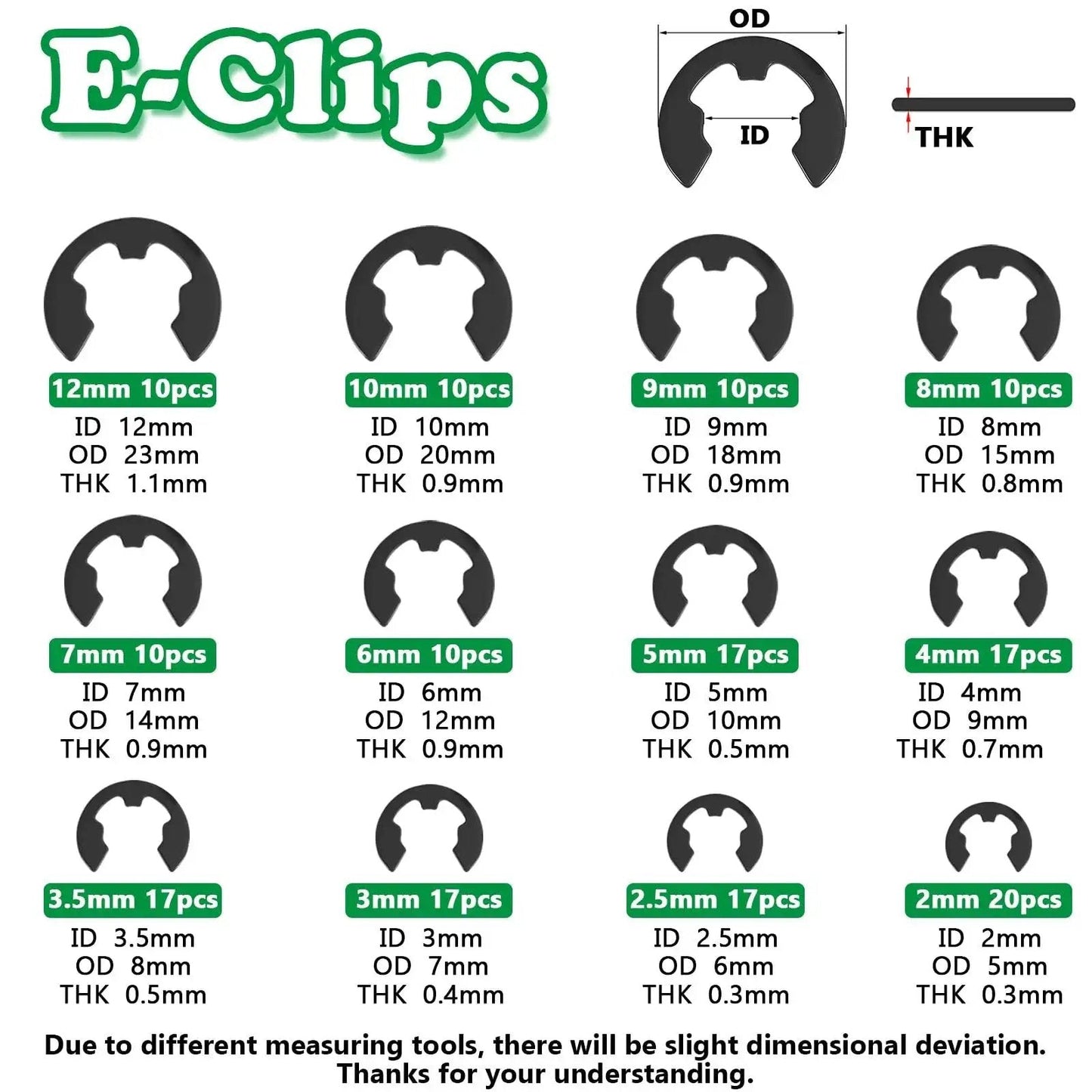 E-Clips size chart from Mega Handy 330 Piece Snap Ring Set With E Clips And C Clips for mechanical projects, showing dimensions.