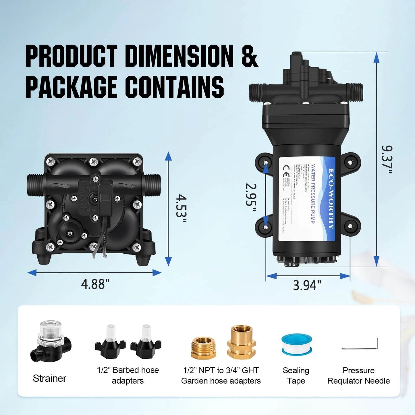 ECO-WORTHY 110V AC Fresh Transfer Diaphragm Water Pump On Demand 5.5GPM 70PSI dimensions and package contents diagram