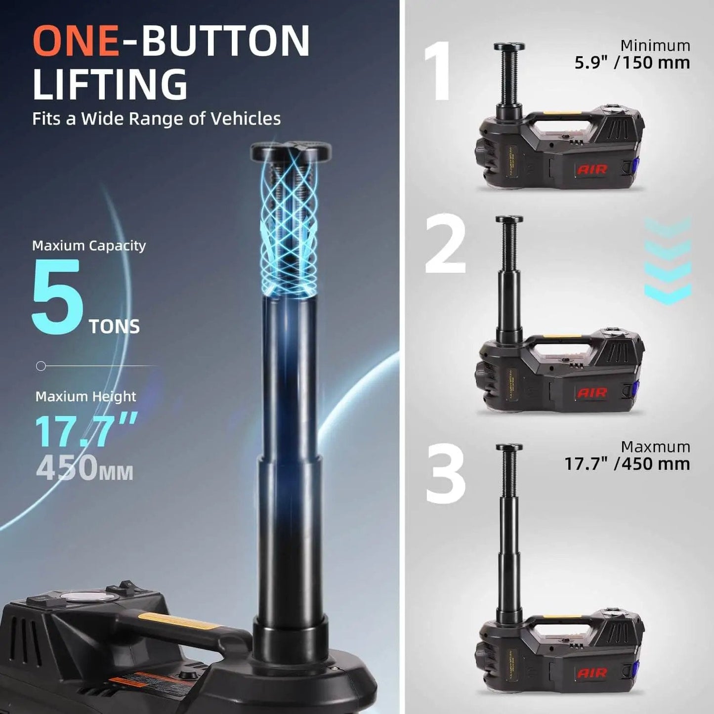 Image of Electric Car Jack 5 Ton 12V Floor Jack With Inflator Pump Portable Hydraulic Lift, showing different lifting heights up to 17.7 inches.
