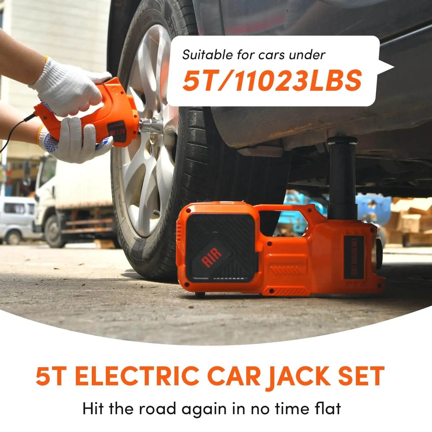 All In One 5 Ton Electric Car Jack Kit With 12V Portable Hydraulic Floor Jack Impact Wrench Tire Inflator Pump And LED Light