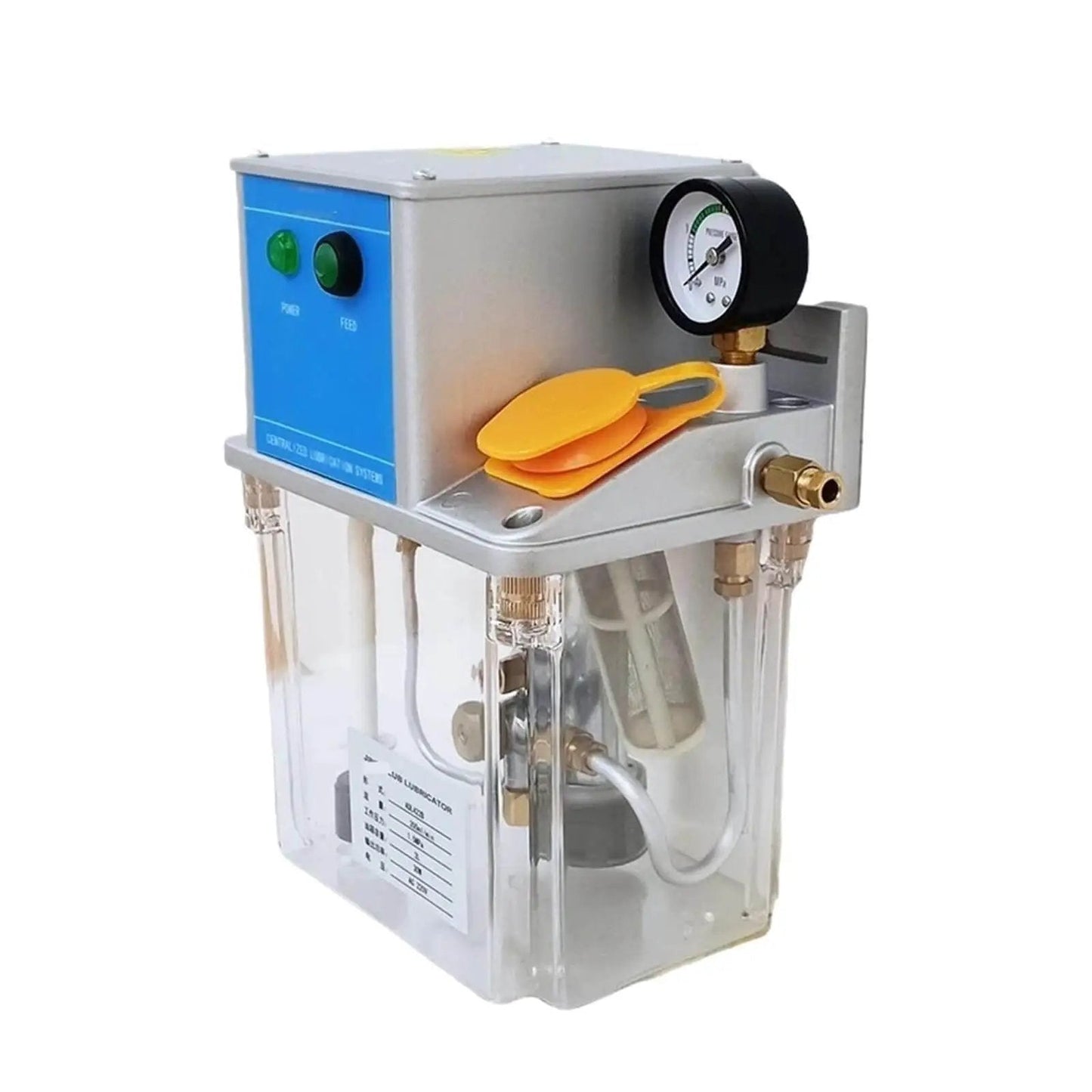 Side view of Electric Volumetric Thin Oil Lubrication Pump With Low Level Sensor For CNC Machine Tools 220V No Pressure Switch