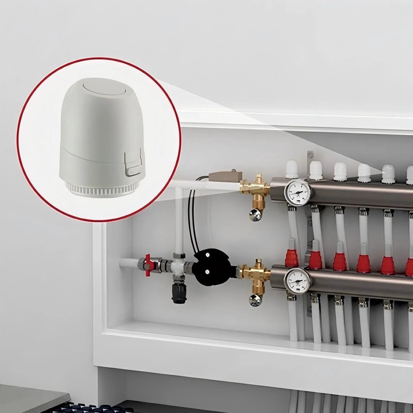 2W Normally Closed 24V Electric Thermal Actuator For Underfloor Heating Systems IP54 Waterproof valve controller close-up view showing PC construction.