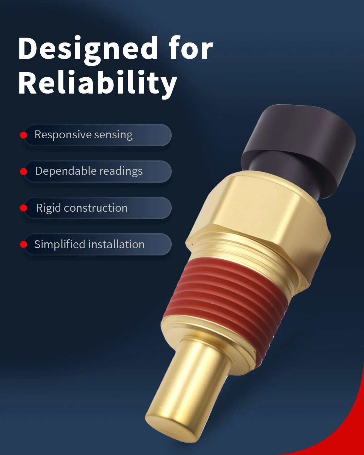Engine Coolant Temperature Sensor For GM Rides And Trucks With Connector ECT Water Temp Sensor angled view, gold metal construction, designed for reliability.
