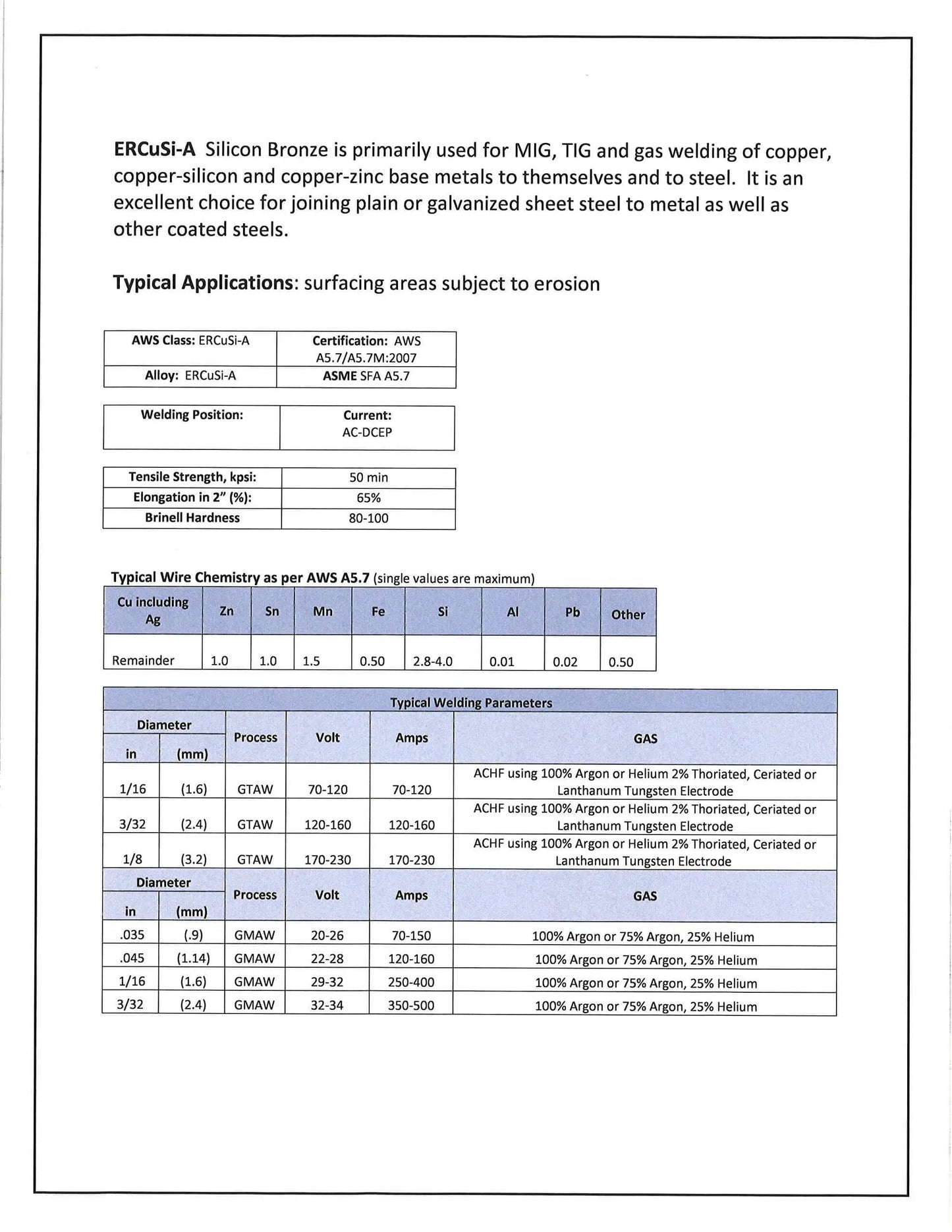 ER CuSi A TIG Rod For Aluminum Welding spec sheet detailing alloy composition and welding parameters
