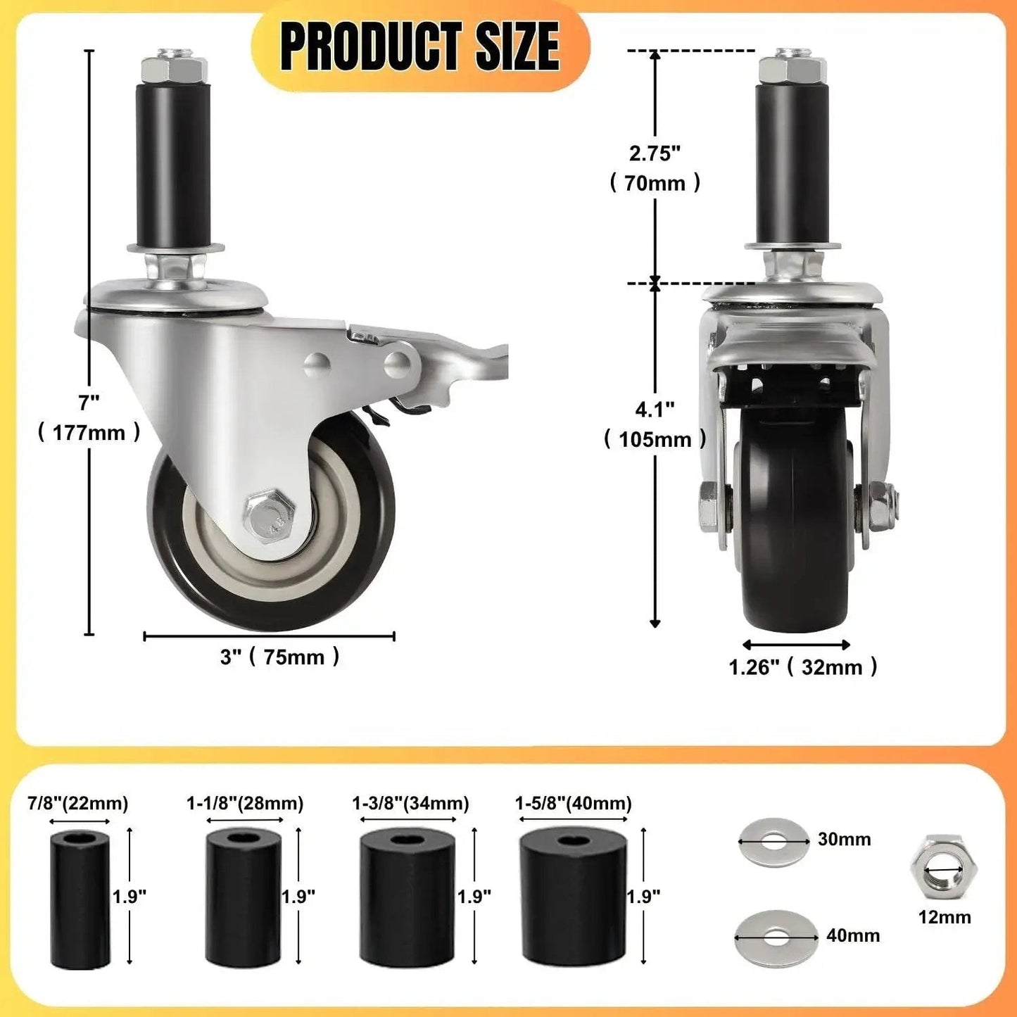 Diagram of Expanding Stem Caster Wheels, 3 Inch, Dual Brake, Set Of 4 For 7/8 To 1-5/8 Inch Tube Legs, showing dimensions