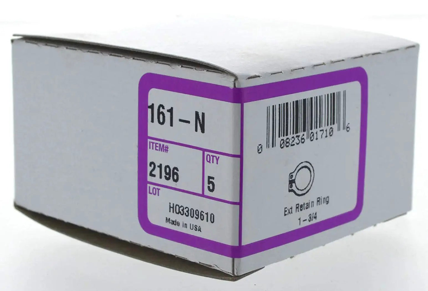 Box of External Retaining Ring Set For Shafts Three Quarters Of An Inch To One And Three Quarters Of An Inch Diameter Five Pack Model 2196 Hillman Group.
