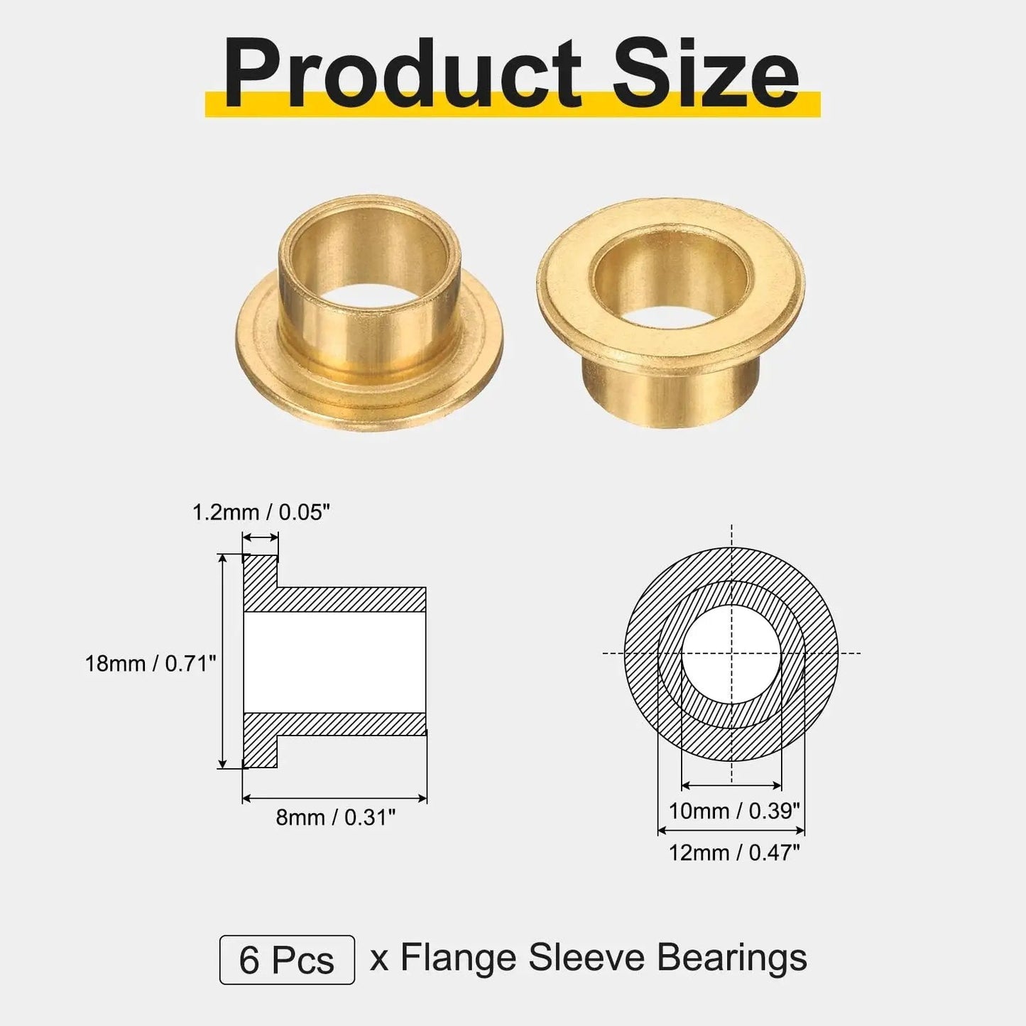 Flange Sleeve Bearings Set With 6 Pcs Self Lubricating Sintered Bronze Bushings, showing size dimensions, 10mm bore, 12mm OD