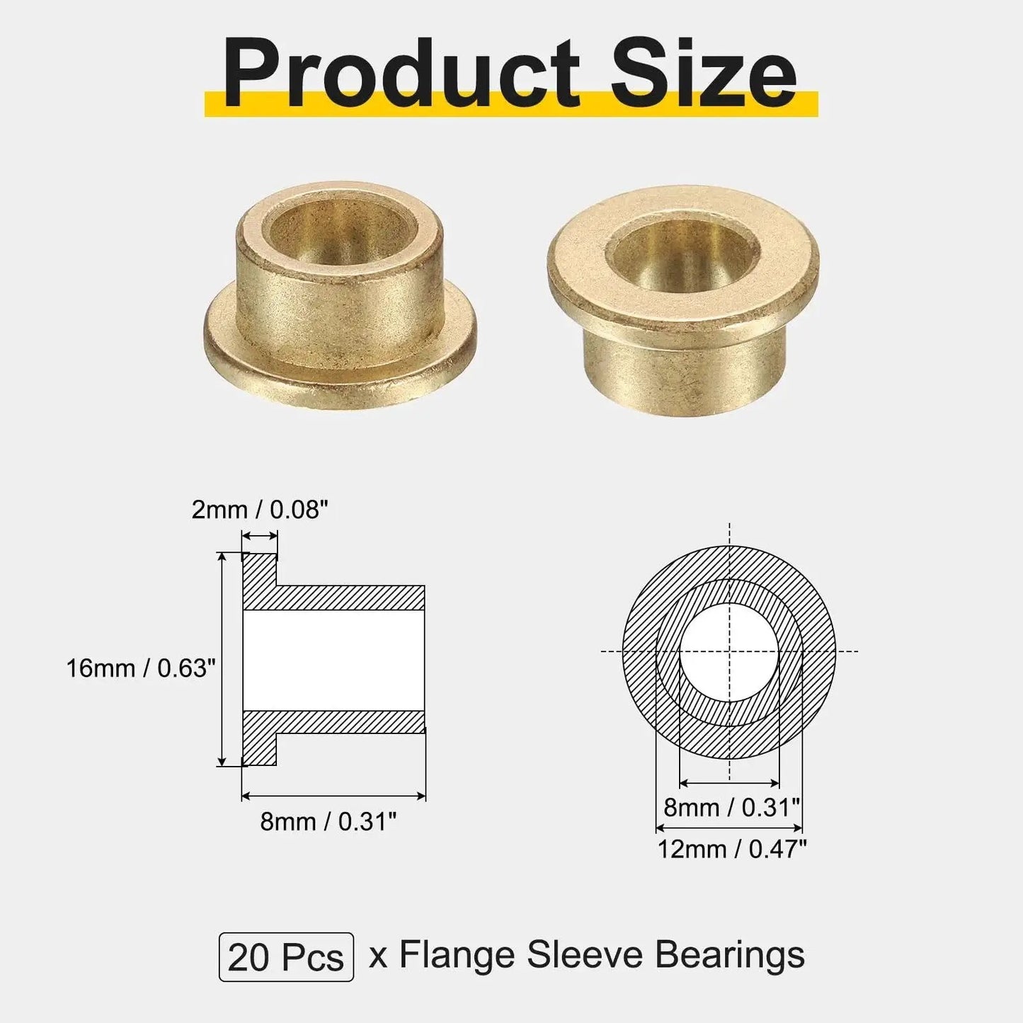 Flange Sleeve Bearings Set 20 Pcs 8mm Bore 12mm OD 8mm Length Self Lubricating Sintered Bronze Bushings with diagrams