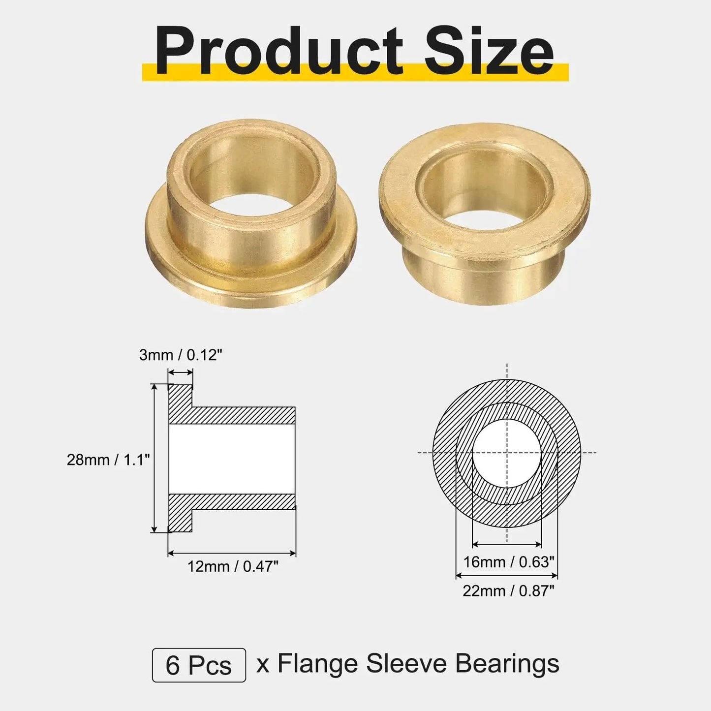 Flange Sleeve Bearings Set Of 6 Self Lubricating Sintered Bronze Bushings with 16mm Bore 22mm OD and measurements diagram