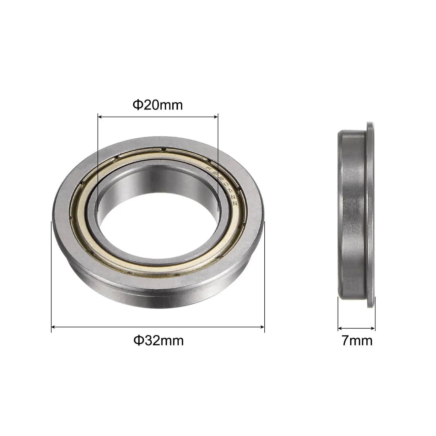 F6804ZZ Flanged Ball Bearing With Double Shielding 20x32x7mm Chrome Steel ABEC1 bearings, front and side view, dimensions labeled