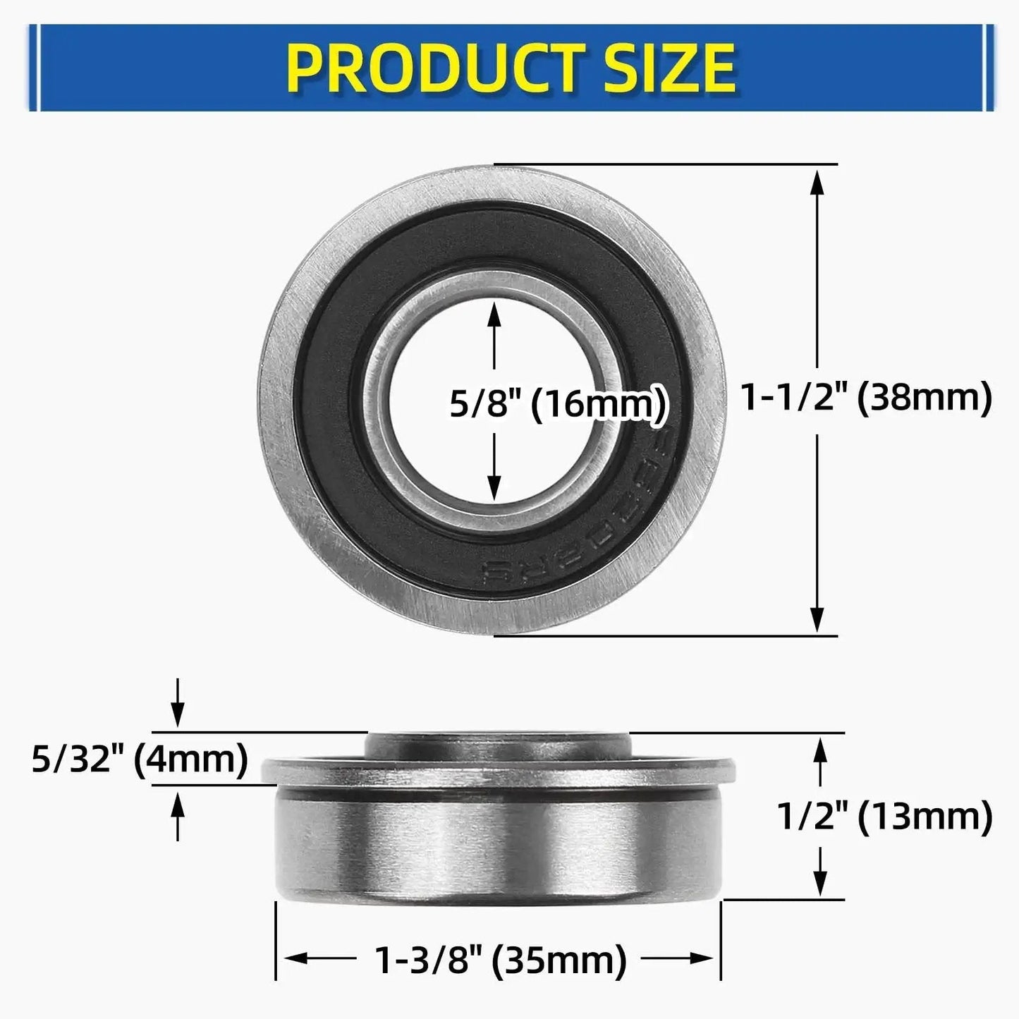 Dimensions of Four Pack GICOOL Five Eighth Inch Bore Flanged Deep Groove Ball Bearing 16mm ID 35mm OD 13mm Width Sealed 9Cr18 Steel