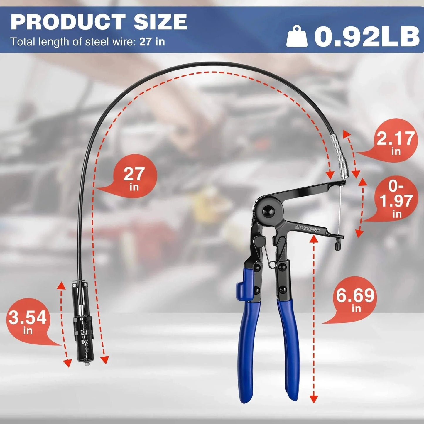 Flexible Hose Clamp Pliers 27 Inch Long Reach Automotive Clamp Removal Tool For Car Coolant Hoses Water Pipes Radiator Hoses And Spring Clamps Loosening And Removal In Hard To Reach Areas with blue handles and measurements