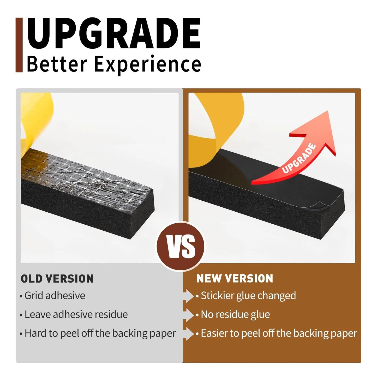Comparison image showing the upgrade of Black Half Inch Foam Weather Stripping Tape With One Sixteenth Inch Thick Foam.
