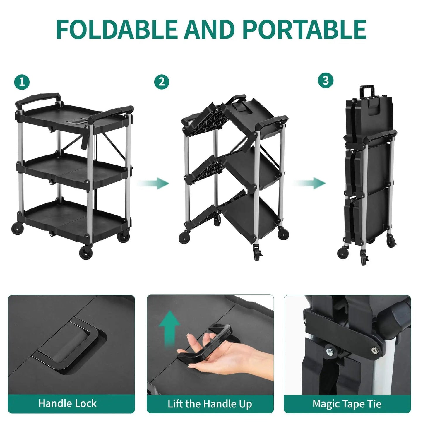 Foldable Utility Cart On Wheels For Home Garage Office Or Restaurant With 3 Tier And 360 Degree Swivel Wheels Brakes On Two No Assembly Required 240 LBS Capacity Collapsible Rolling Cart By YITAHOME, shown folded and open stages.