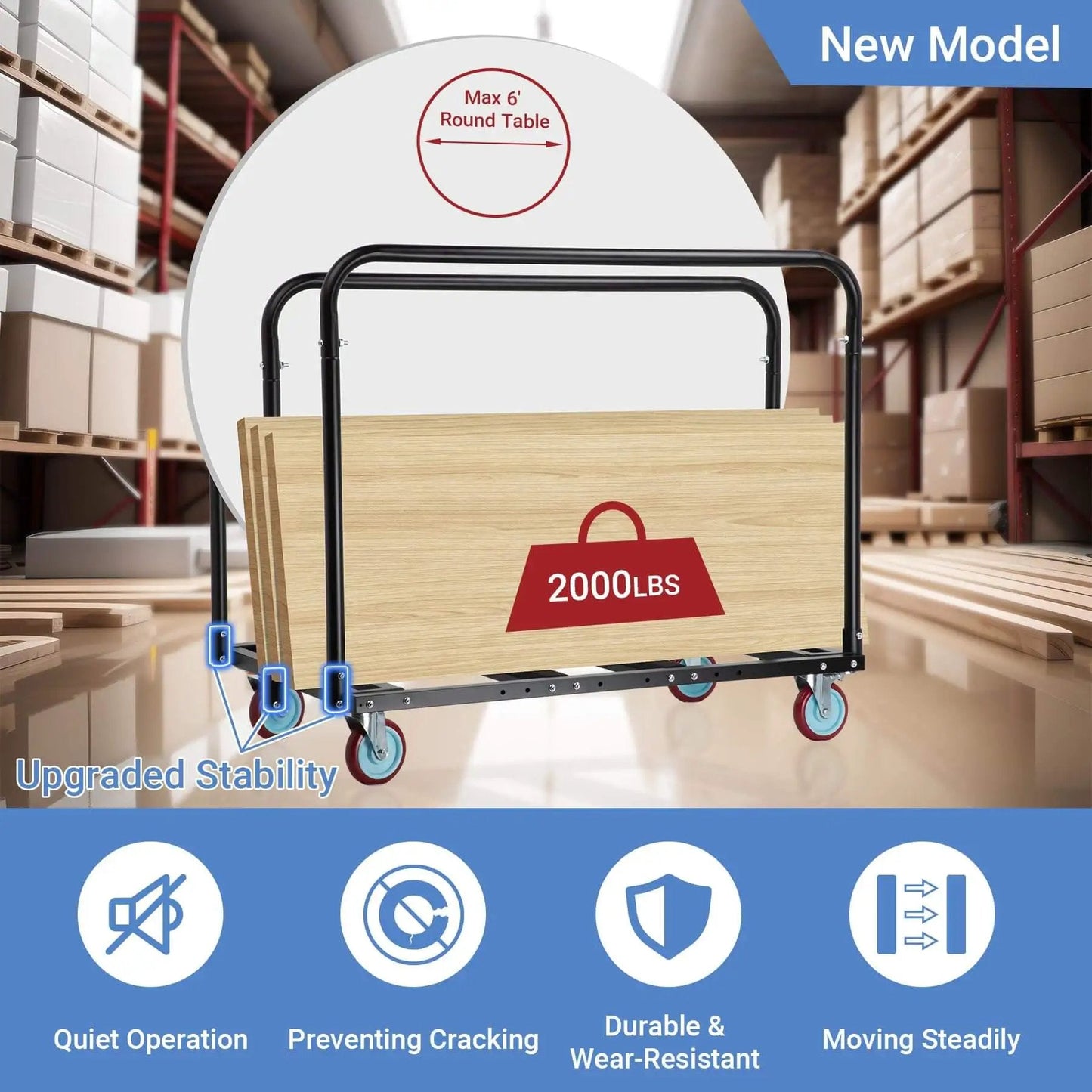 Heavy Duty Folding Table Cart With 2000 Lbs Capacity And 10 Tables 5 Inch Swivel Wheels Durable Table Dolly For Party Events Factory Hotel And Warehouse Use Adjustable Bottom Rods For Flexible Load Sizing And Easy Moving, shown with stacked tables in a warehouse.
