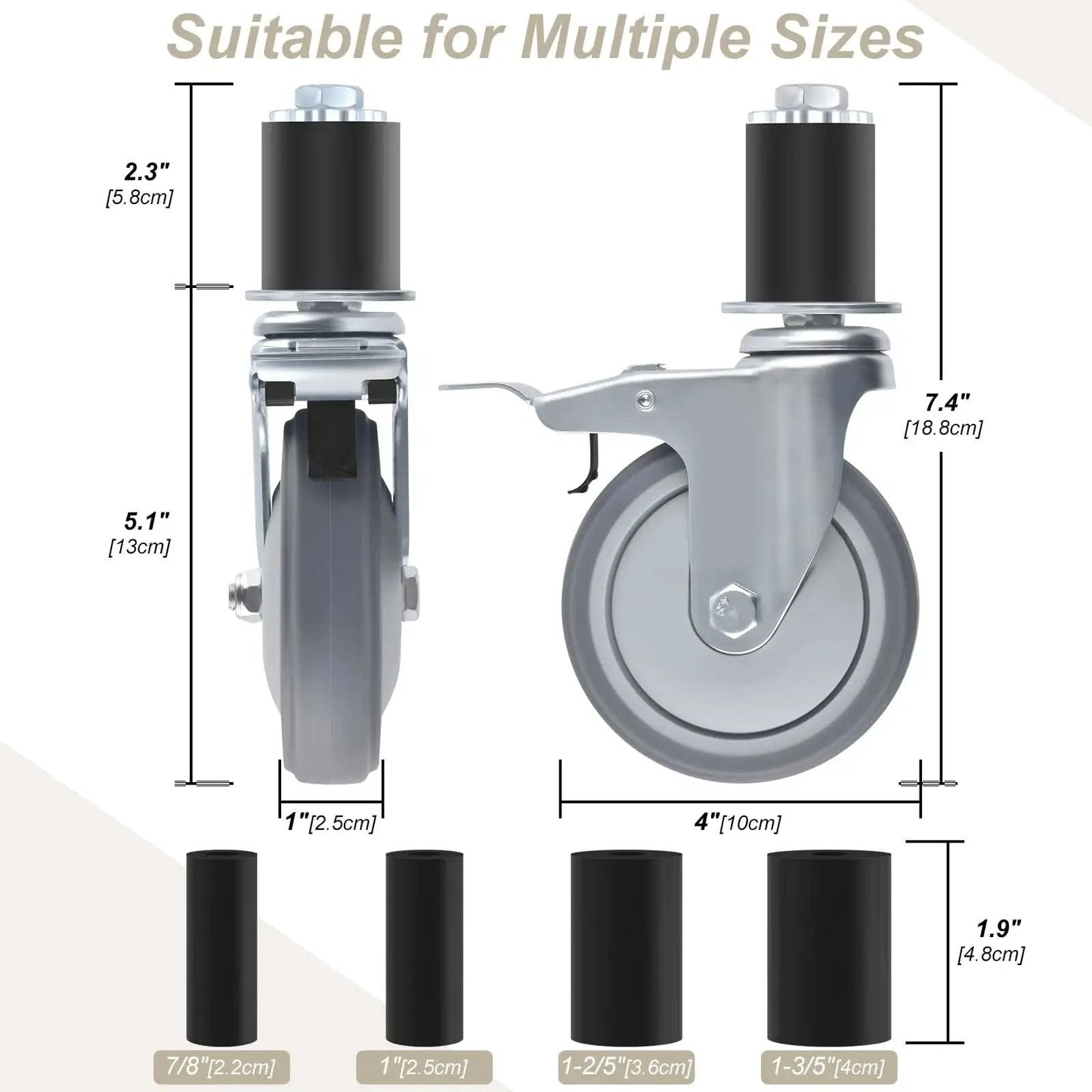 Four Inch Universal Adjustable Caster Wheels Set With Brakes For Tube Legs From 7/8 Inch To 1-5/8 Inch showing size options