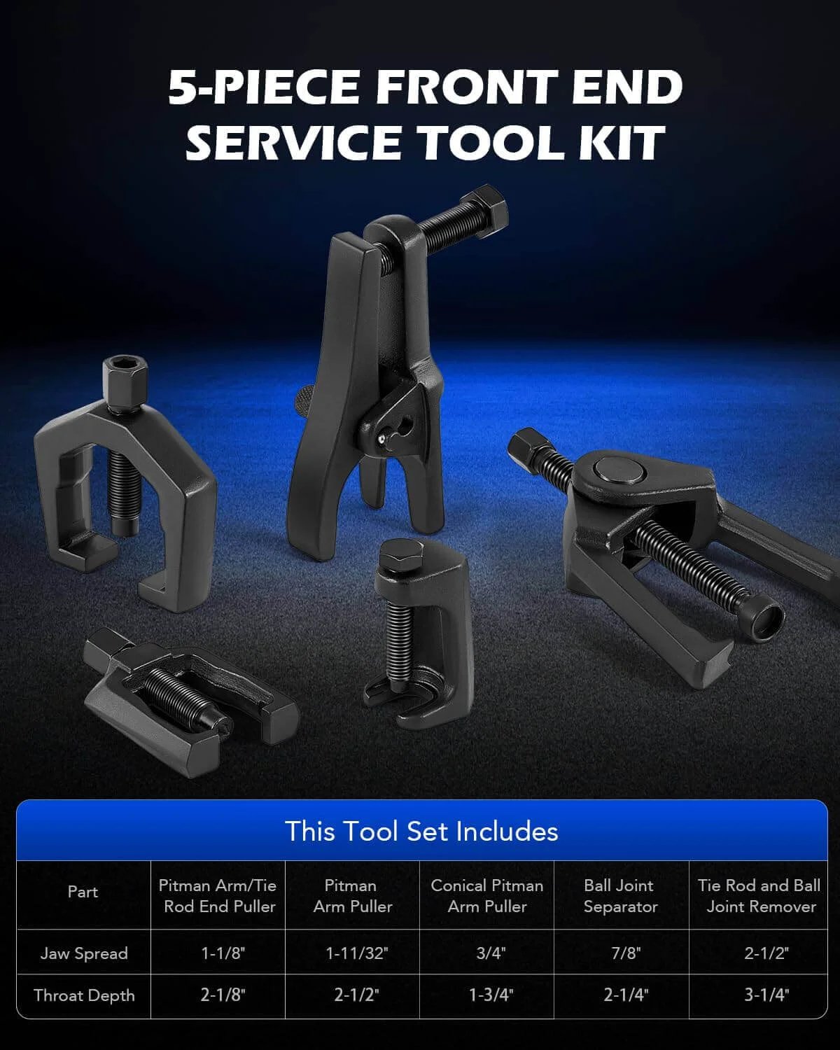 5-in-1 Ball Joint Separator, Pitman Arm Puller, Tie Rod End Tool Set for Front End Service, Splitter Removal Kit displayed