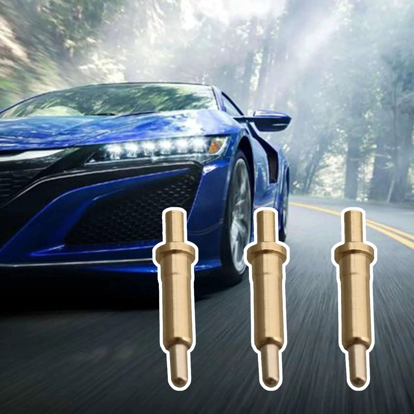 100Piece Gold Plated Spring Loaded Probe Thimble Pogo Pin 2mm Pin with blue sports car backdrop