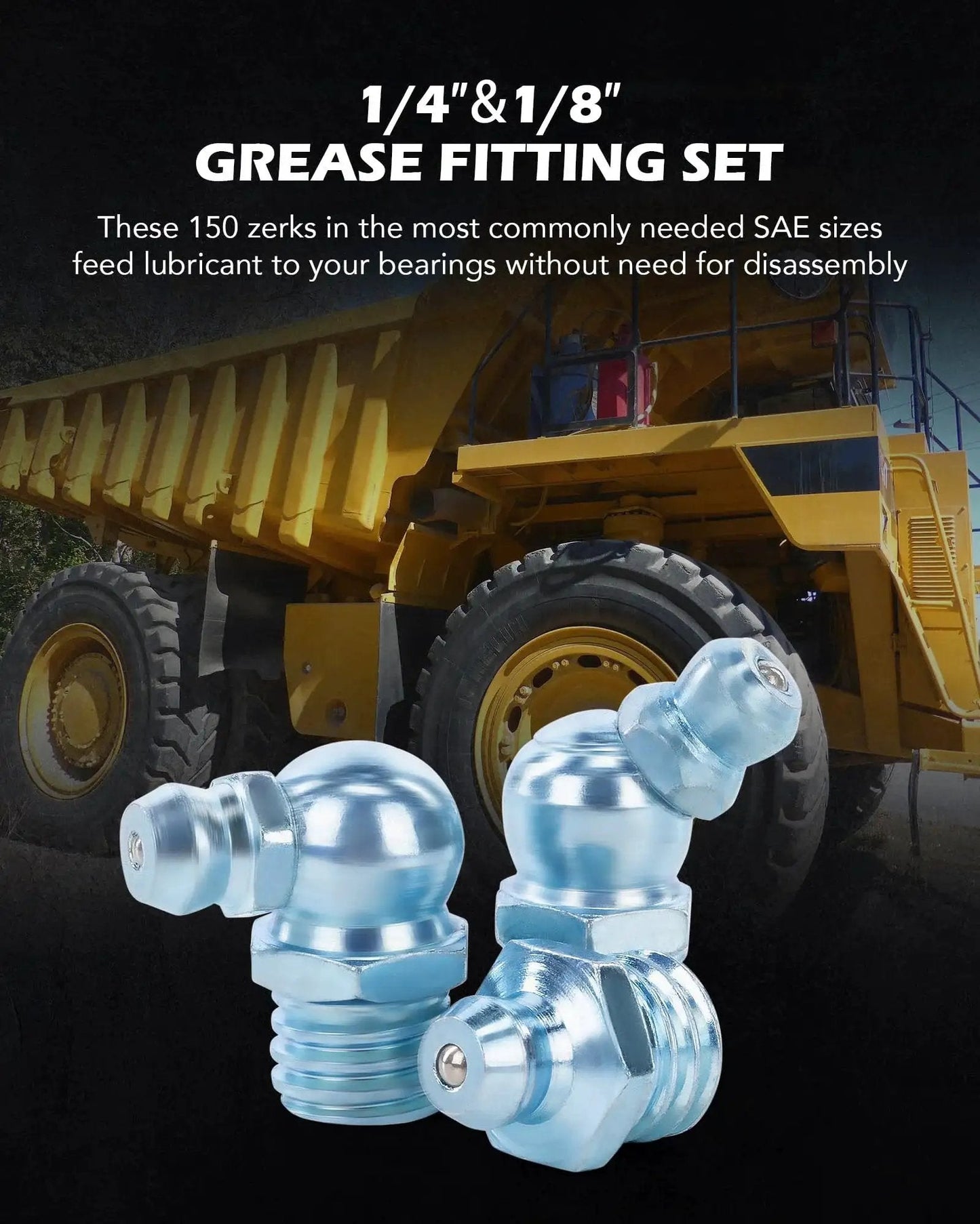 Grease Fittings Kit 150 Piece SAE Hydraulic Zerk Assortment with galvanized steel fittings in front of truck