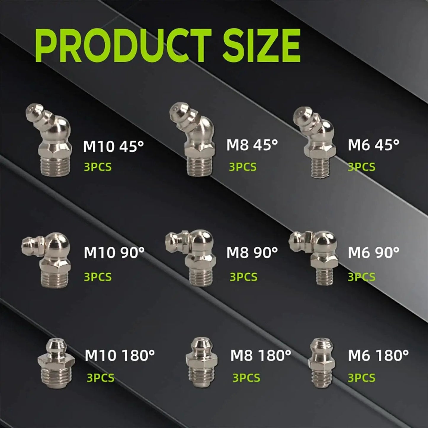 Pro Grade 27 Pcs SAE And Metric Grease Fittings Assortment Kit showing M6, M8, M10 zerks in 45°, 90° and 180° angles, nickel-plated.