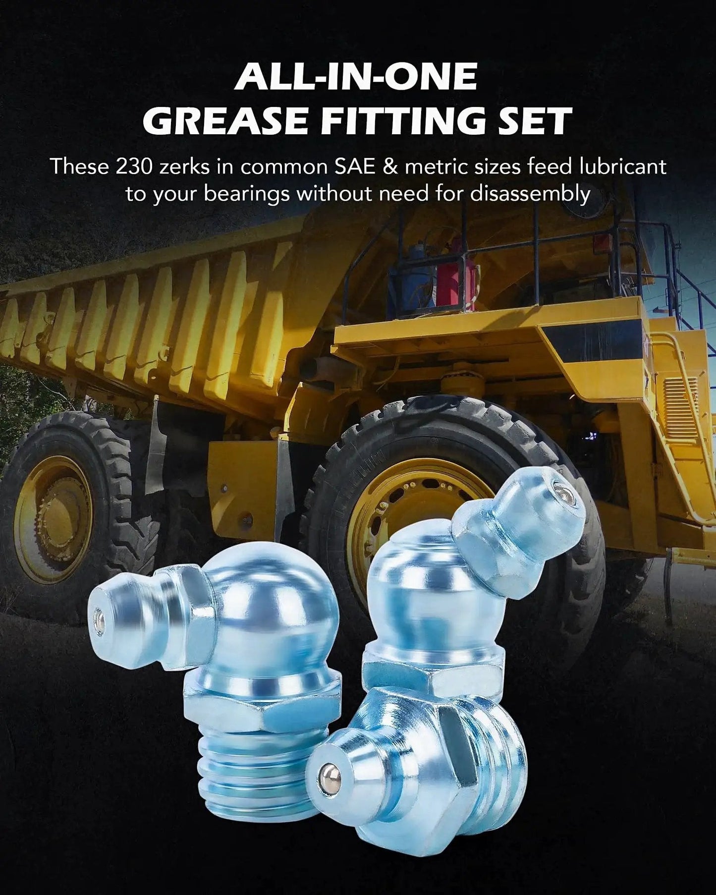 All In One 230 Piece SAE And Metric Grease Fittings Kit illustrated with construction vehicle background