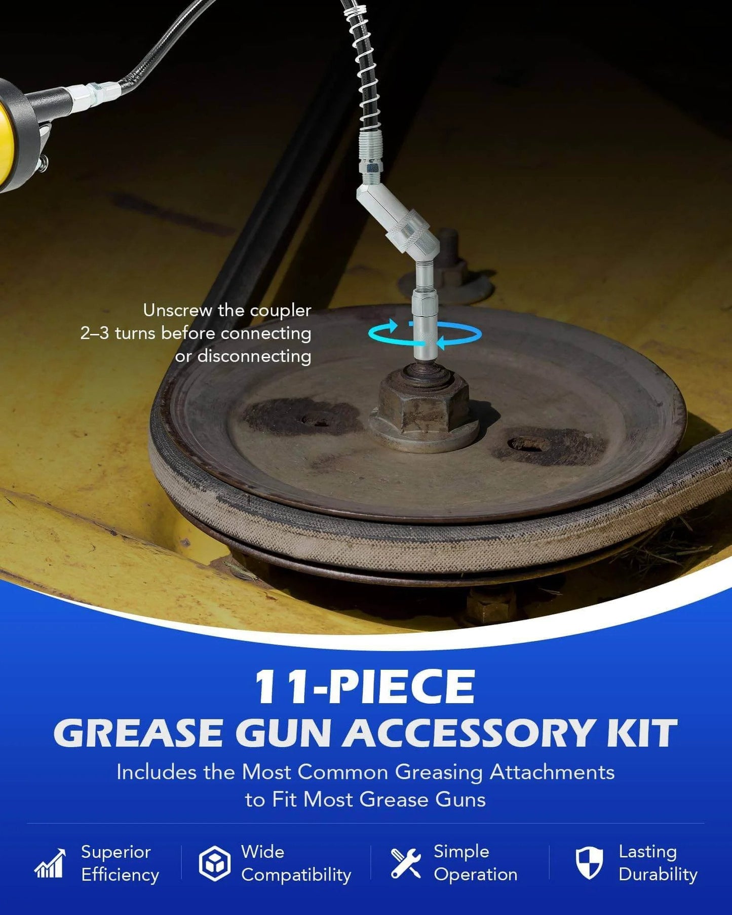 Grease Gun Accessory Kit, 11 Piece Grease Gun Coupler Set for Hard to Reach Grease Fittings in use on machinery.