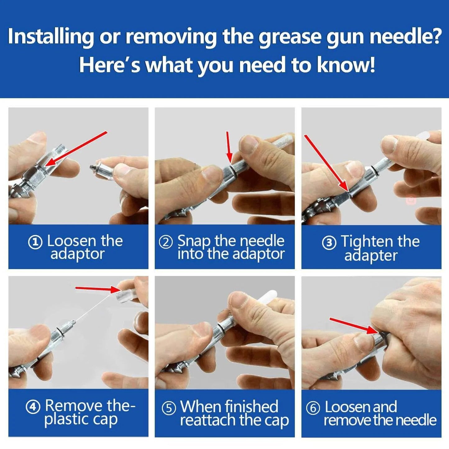 Step-by-step guide to installing Grease Gun Needle Tip Kit - Bent & Straight Nozzles for tight, hard-to-reach areas.