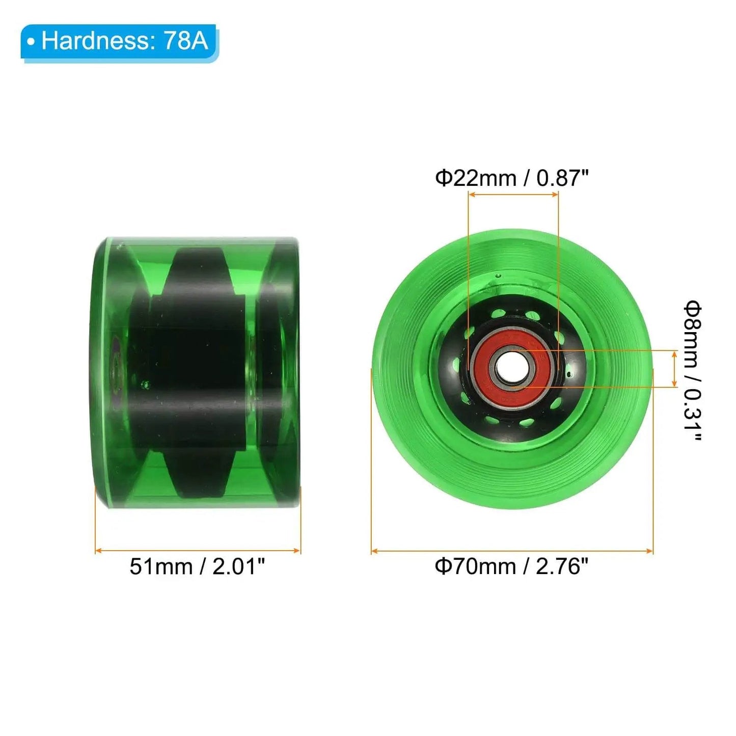 Green 70mm 78A Longboard Wheels With Red ABEC 9 Bearings 4 Pack, side and front view, PU material