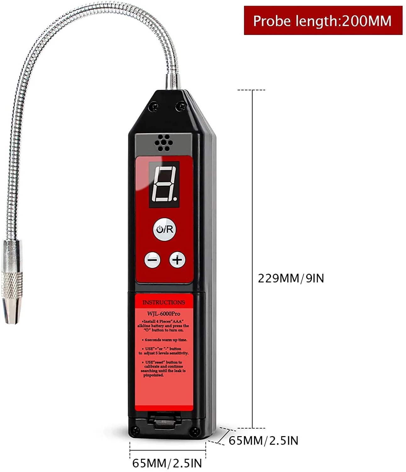 Upgraded Halogen Refrigerant Leak Detector With LCD Display And Auto Alarm For HVAC, Wale Morn WJL-6000PRO side view with probe and display.
