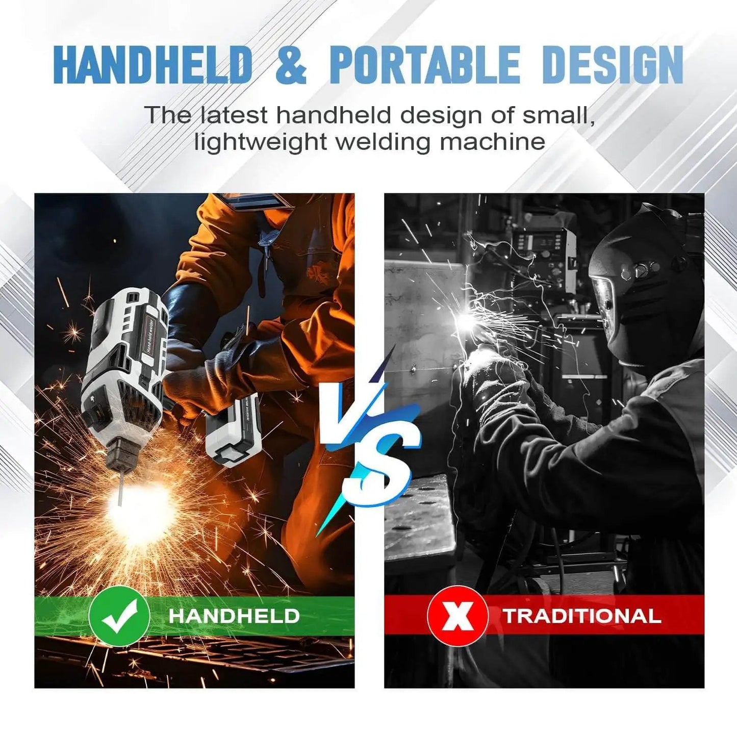 Image comparing portable handheld welder inverter 110V with IGBT tech beast mode adjustable 20 to 120 amp arc and traditional welding machine
